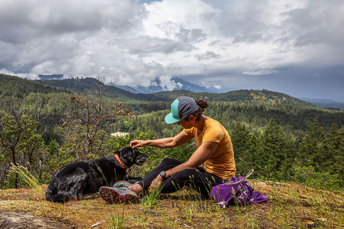 La Sportiva Bushido III trail running shoe (resting with dog)