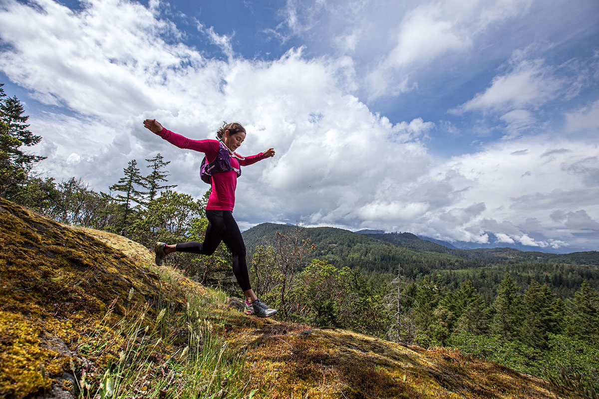 La Sportiva Bushido III trail running shoe (running down steep trail)