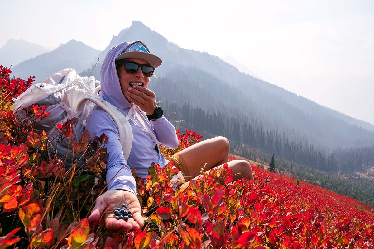 Mountain Hardwear Crater Lake Hoody (eating huckleberries in field)