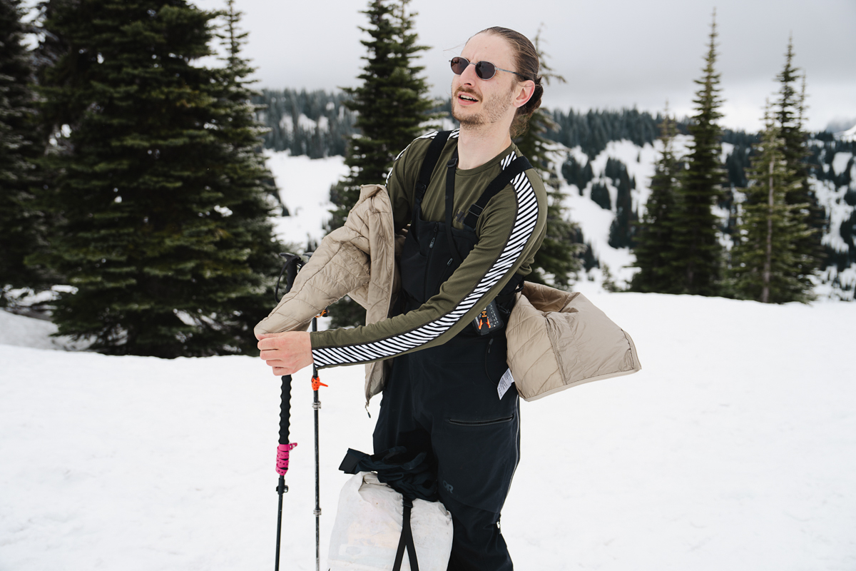 Outdoor Research Skytour AscentShell Bib (taking off jacket)