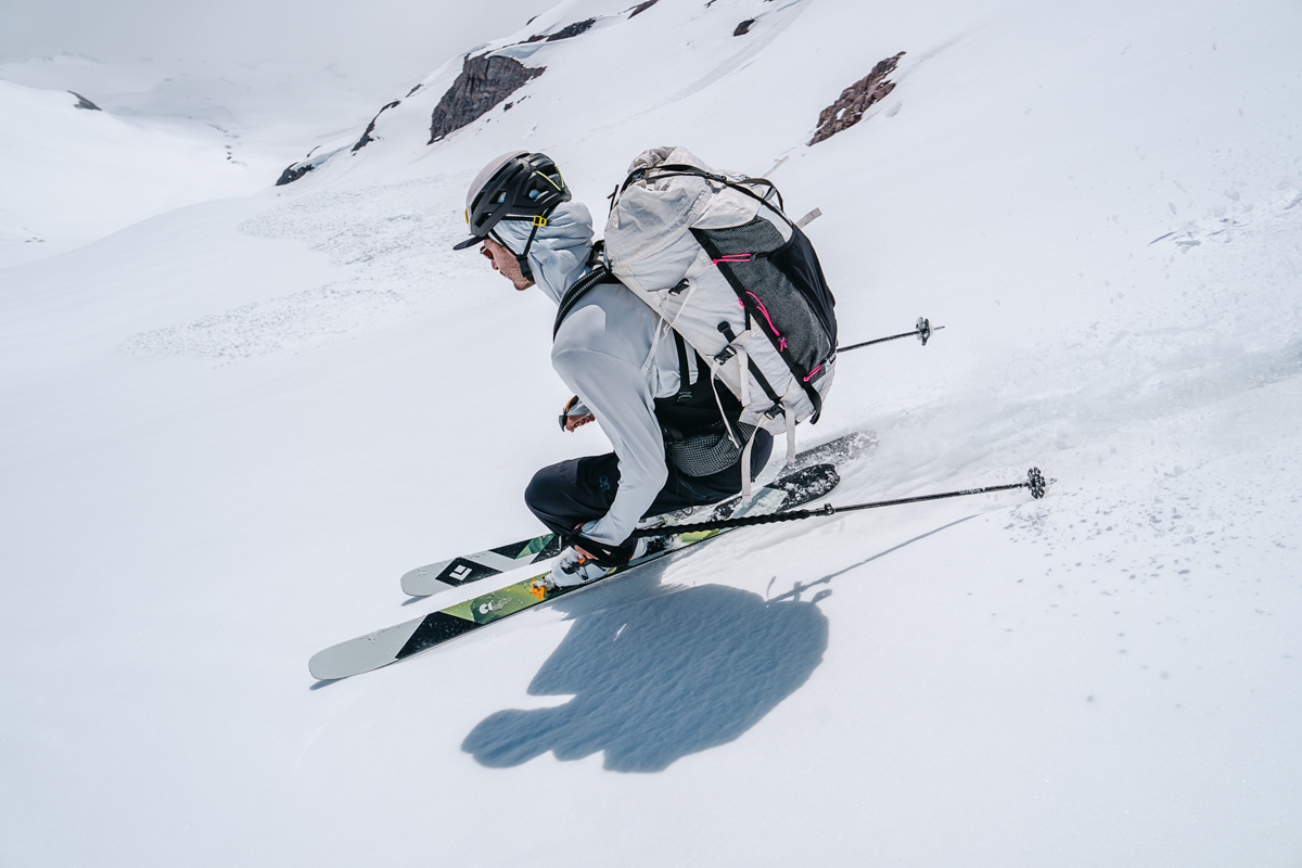 Outdoor Research Skytour AscentShell Bib (top down shot of skiing)