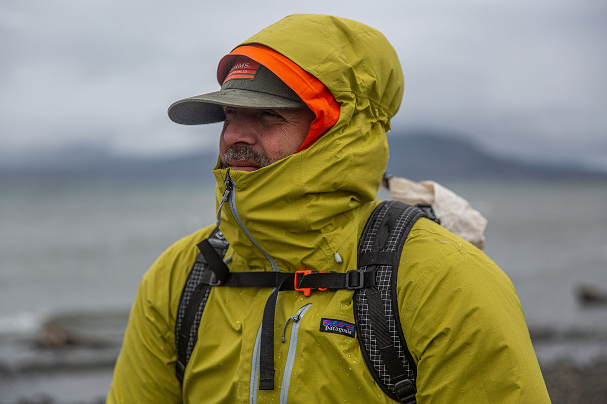 Patagonia Granite Crest Rain Jacket (closeup with hood on)