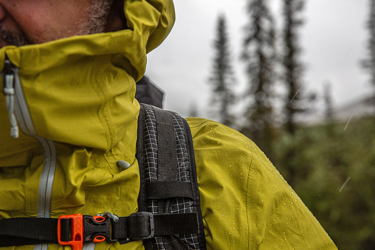 Patagonia Granite Crest Rain Jacket (closeup with pack on)