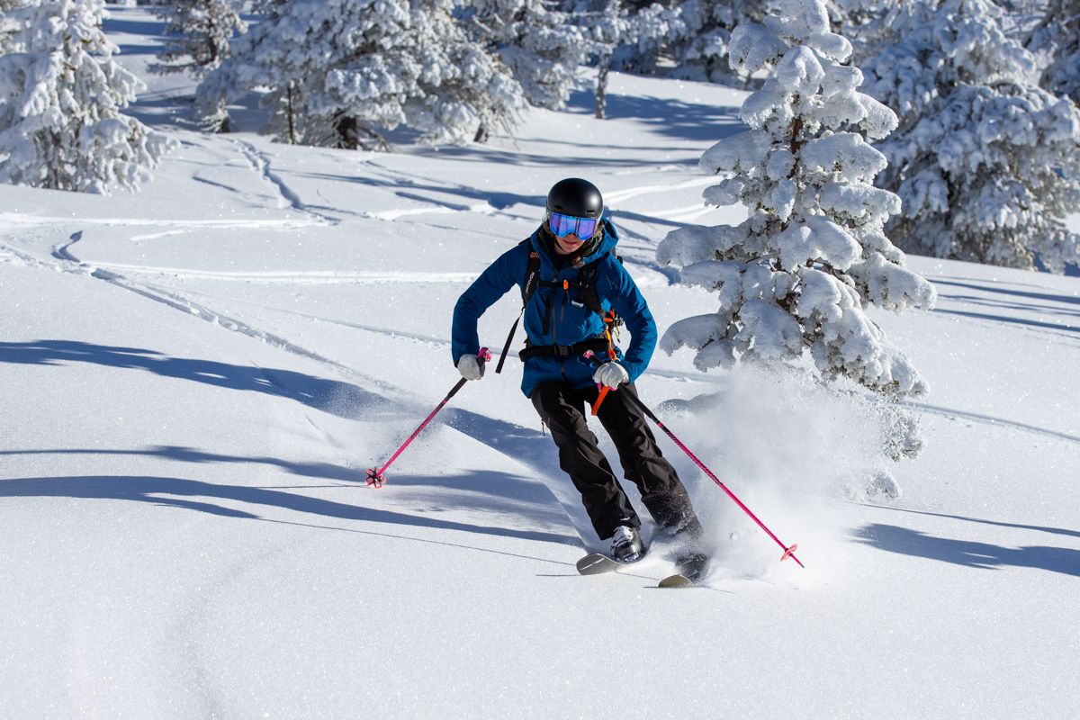 Patagonia SnowDrifter Bibs (skiing through trees)