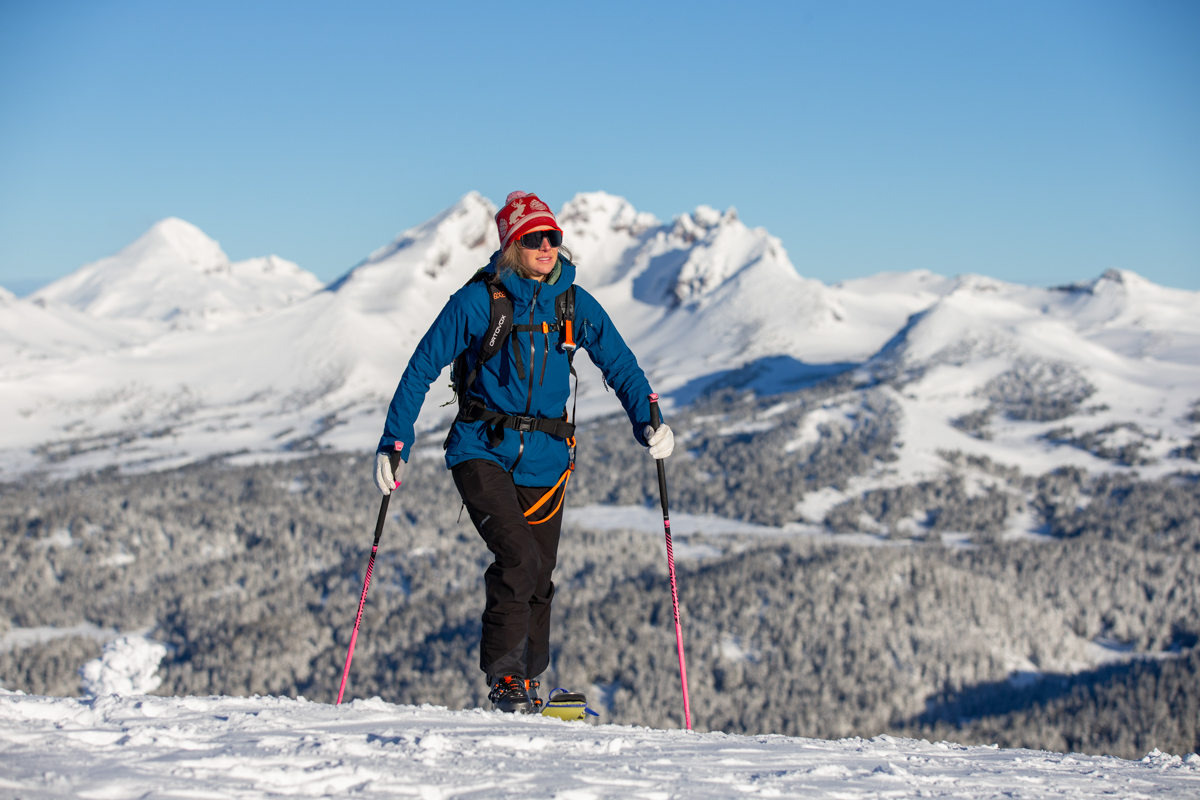 Patagonia SnowDrifter Bibs (skinning in bibs)