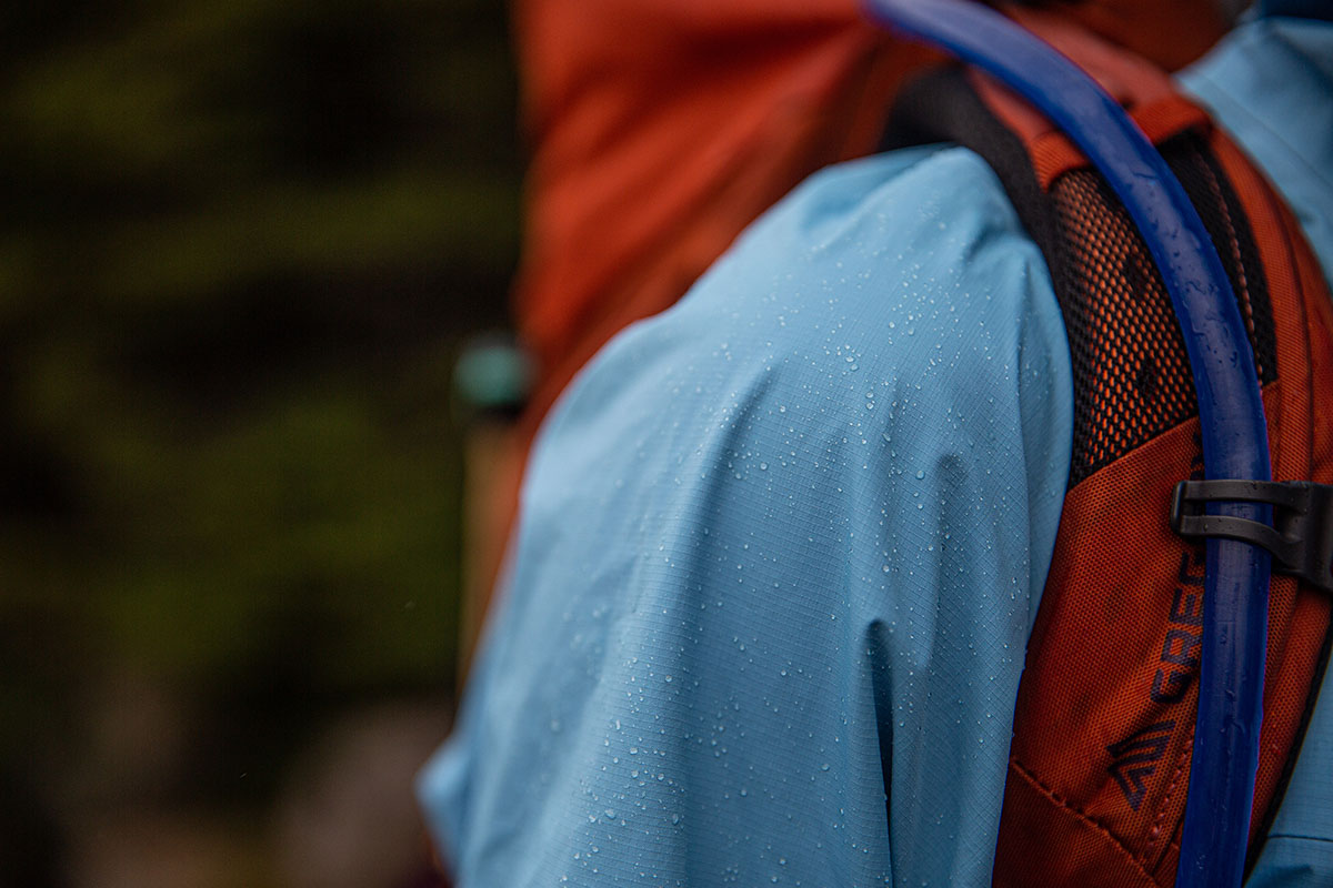 Patagonia Torrentshell 3L rain jacket (rain beading on sleeve)
