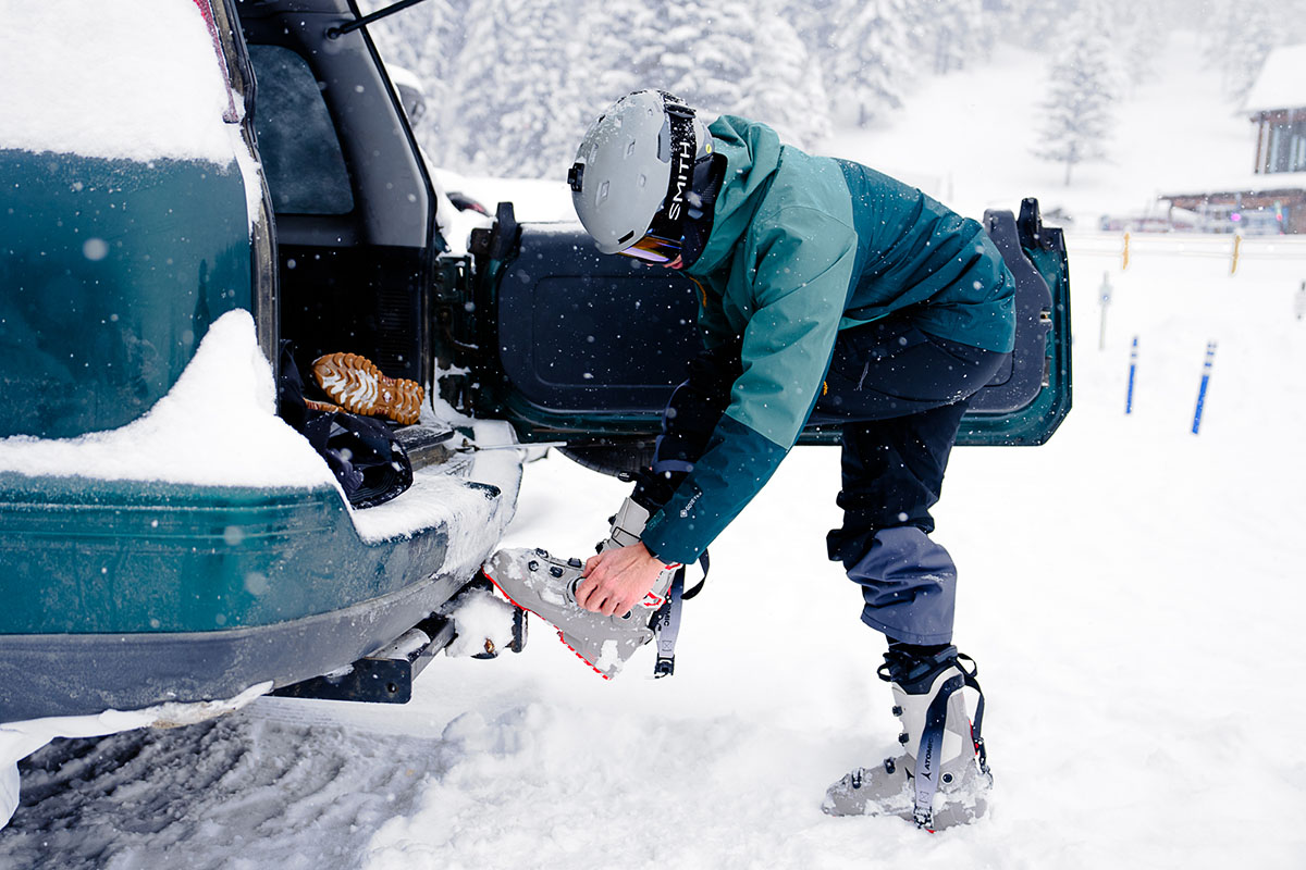 REI First Chair GTX Bibs (putting on boots at car)