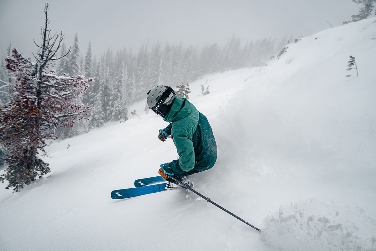 REI First Chair GTX Bibs (view from back while skiing)