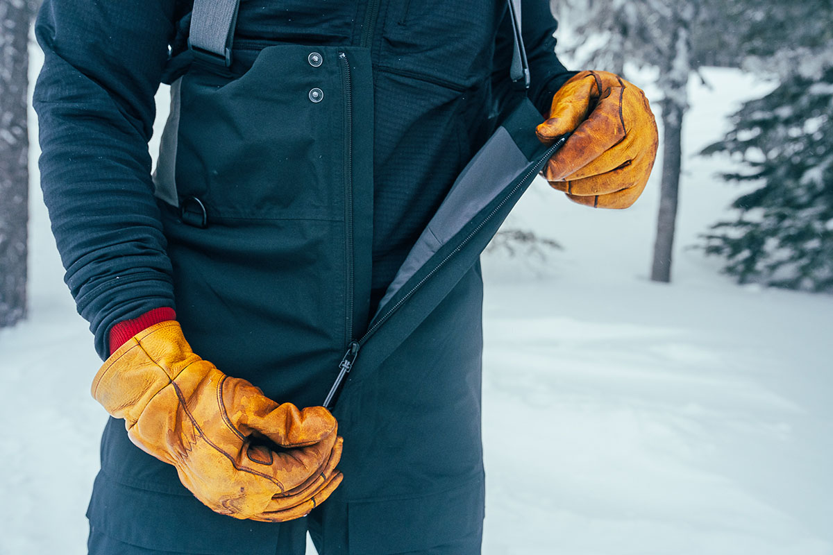 REI First Chair GTX Bibs (zipping up)