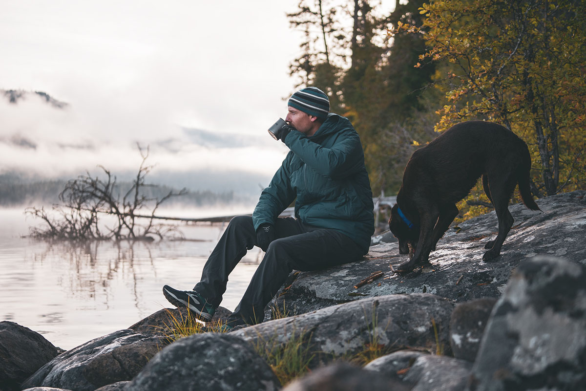 REI Co-op Stormhenge Down Hybrid Jacket (drinking morning coffee by lake)