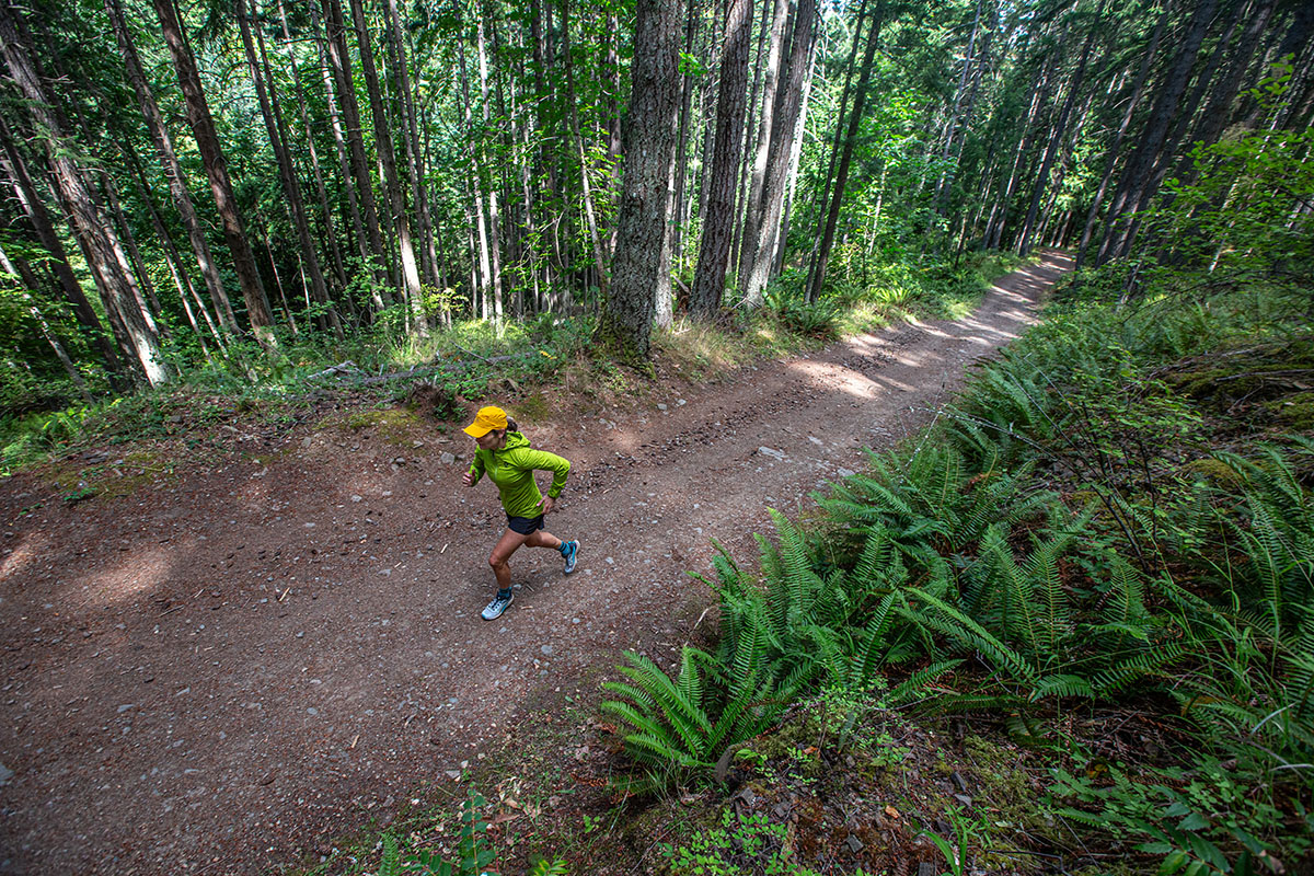 Salomon Sense Ride 5 trail running shoe (running on forest service road)