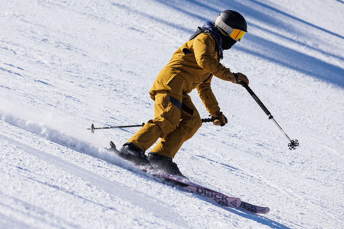 Trew Gear Astoria ski jacket (closeup while skiing)