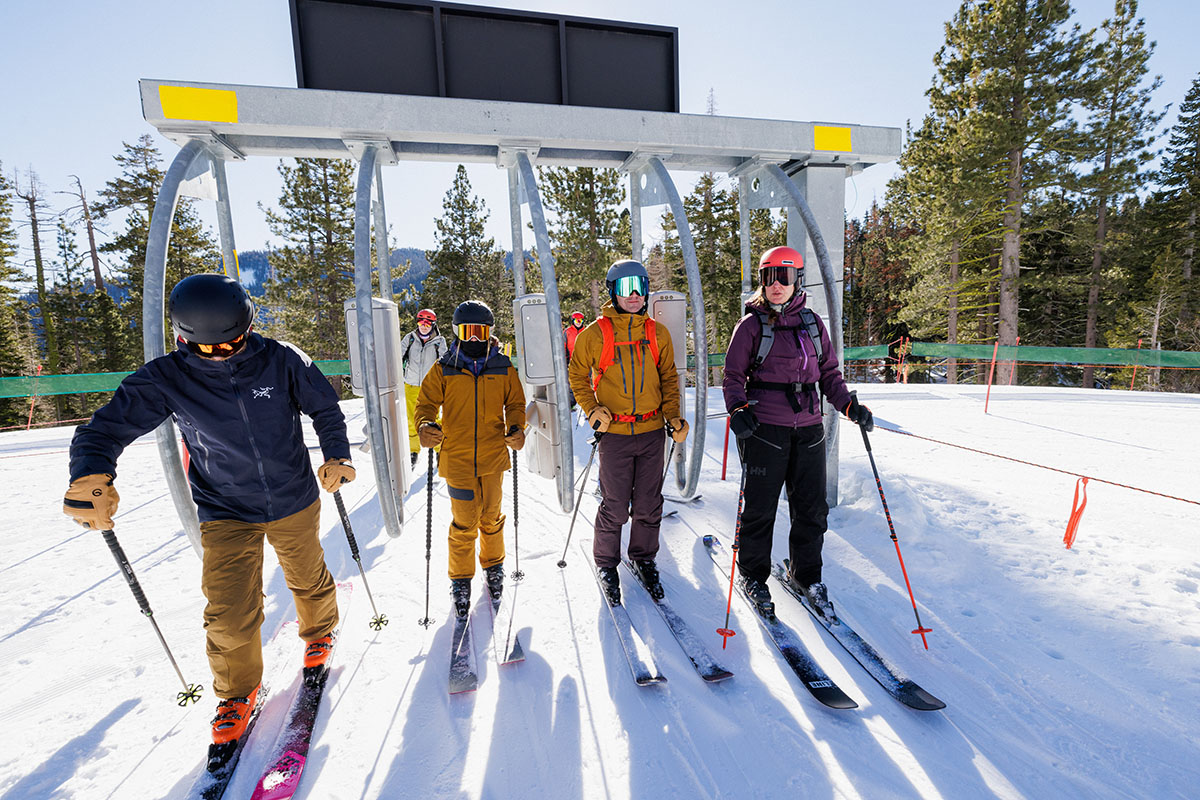 Trew Gear Astoria ski jacket (group shot in lift line)