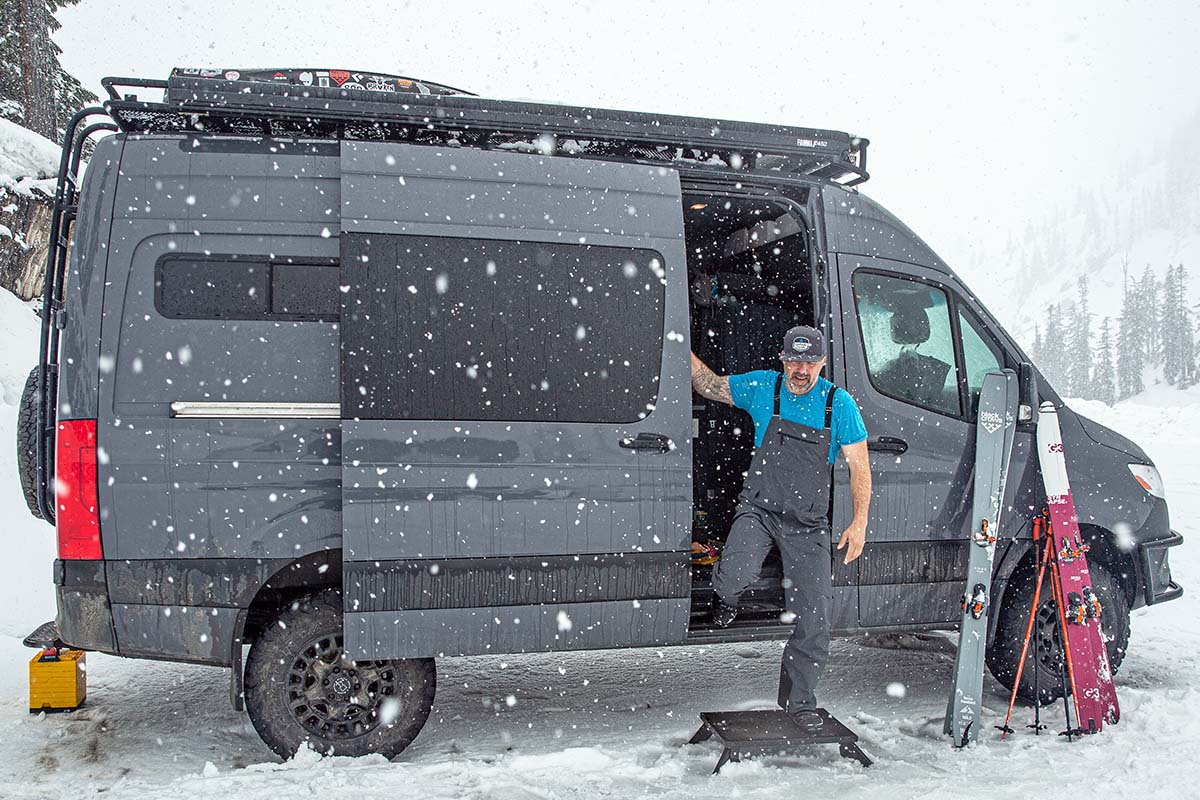 Backcountry Labor Day Sale (exiting van wearing ski bib)