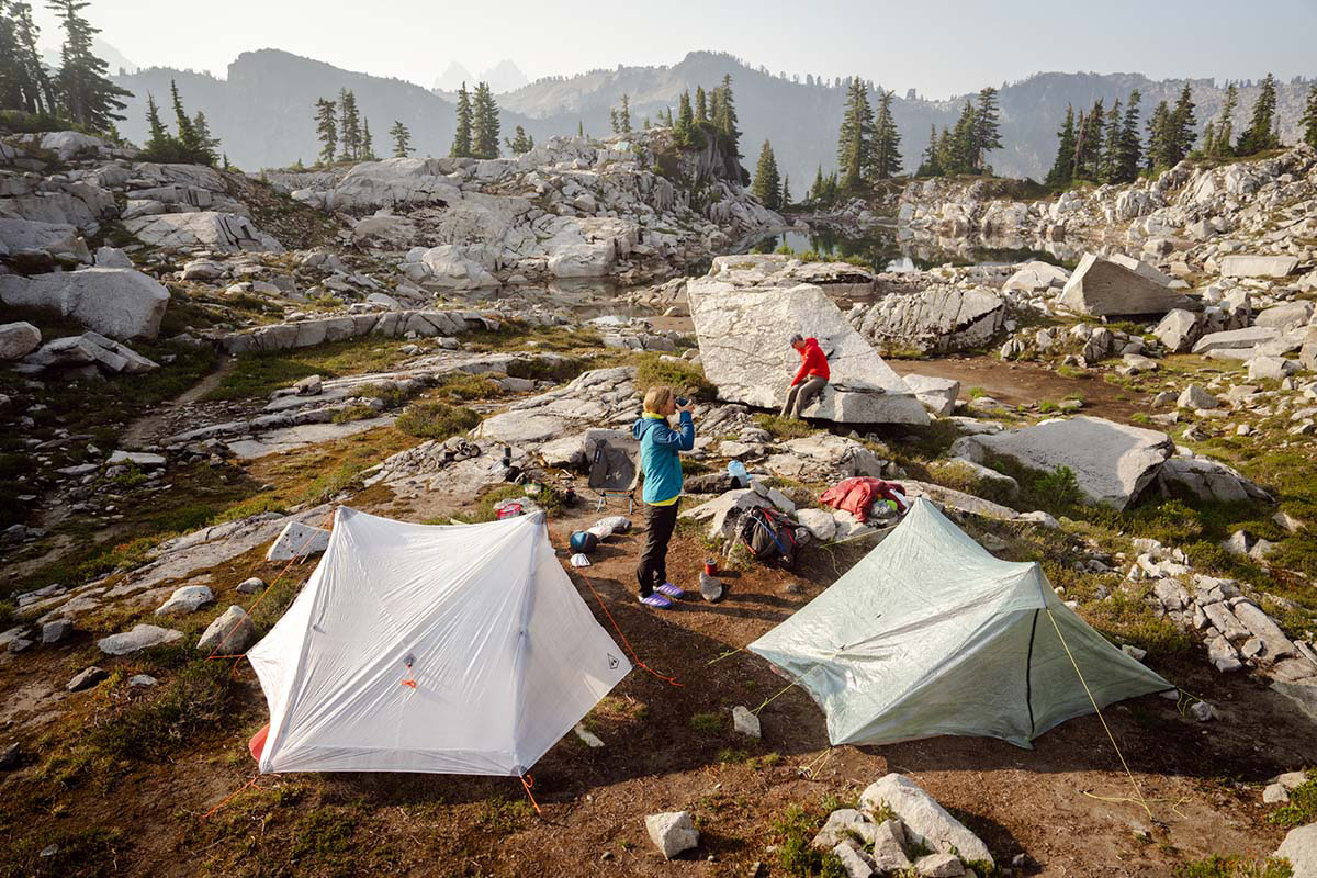 Backpacking tents (Hyperlite Unbound and Zpacks Duplex at camp)