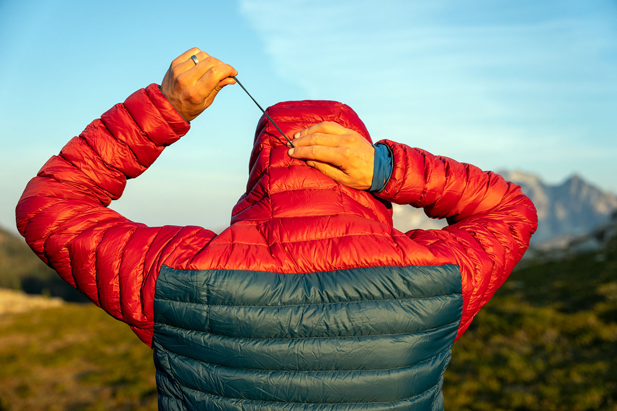 Down jacket (cinching hood on Patagonia Down Sweater Hoody)