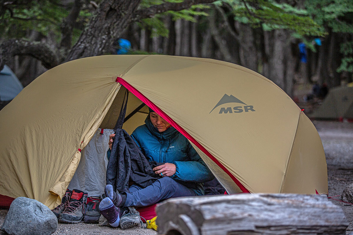 Backpacking tent (organizing gear inside MSR Hubba Hubba 2
