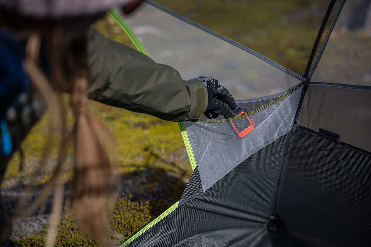 Backpacking tent (storing Garmin inReach Mini in pocket of Nemo Dagger)