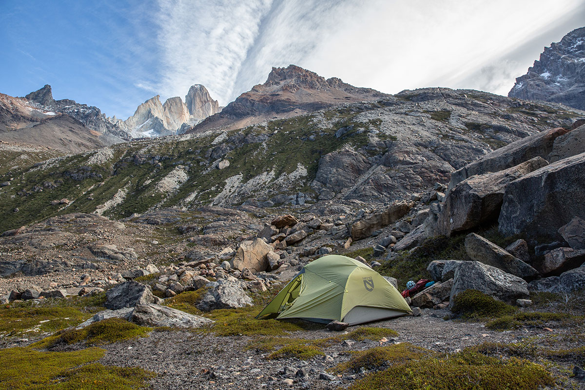 Backpacking tent (Nemo Dagger Osmo set up in boulder field)