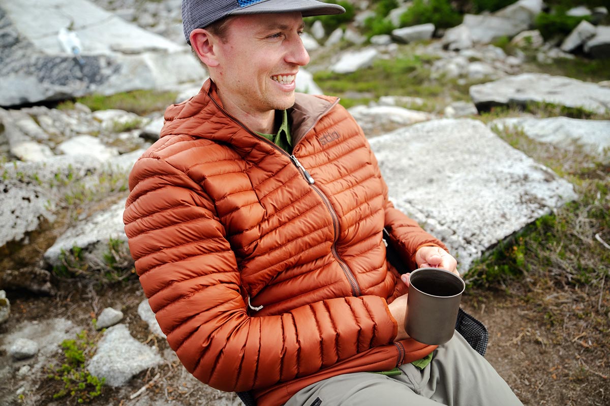 Down jacket (smiling at camp in Stio Pinion)