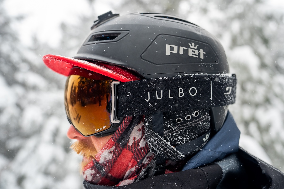 Pret helmet and Julbo goggles with gaiter