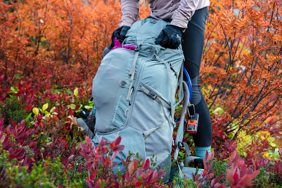 Deuter Aircontact Core 60 %2B 10SL backpacking pack (closeup on ground)