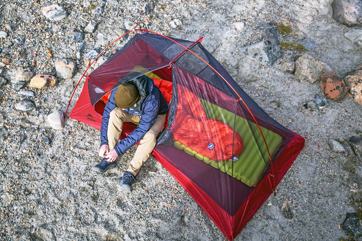 Sleeping pad R-value (shot above tent with sleeping pad and bag)