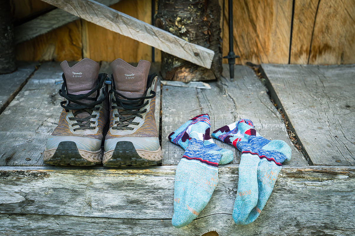 Waterproof shoes (drying on porch next to socks)