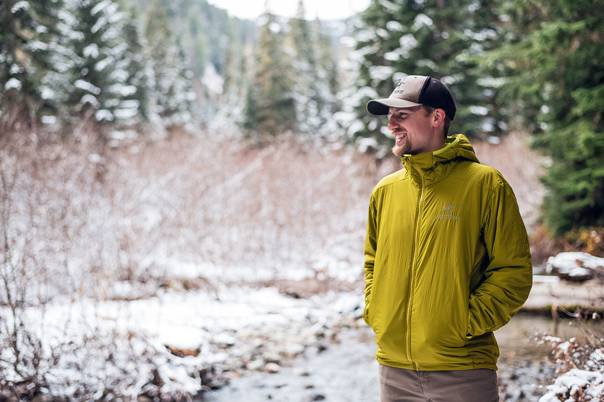 Arc'teryx Atom LT Hoody (smiling in snowy forest)