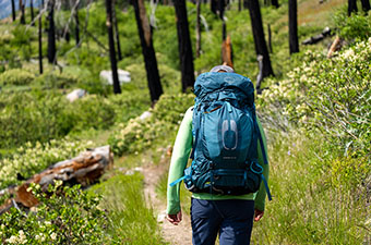 Osprey Atmos AG 65 backpacking pack (walking through forest)