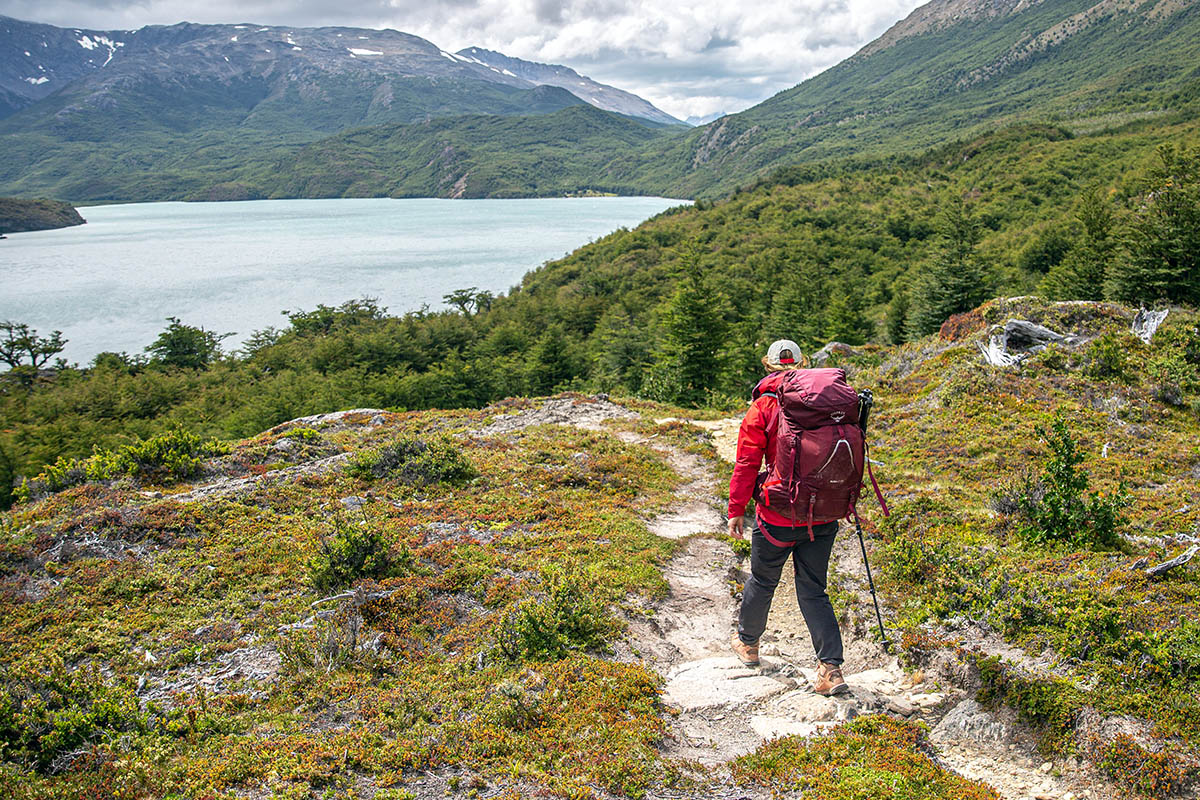 Osprey Aura AG LT 65 backpacking pack (hiking on trail above lake_)