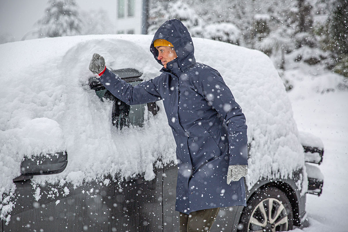 Women's winter jacket (cleaning off car in Patagonia Tres 3-in-1 Parka)