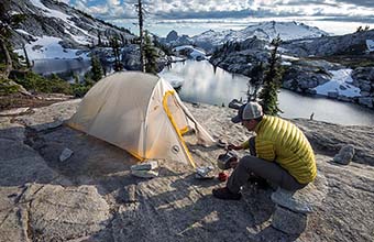 Backpacking gear (campsite at alpine lake)