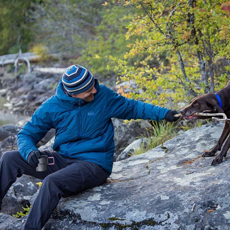 ​​REI Co-op Stormhenge Down Hybrid Jacket (playing with dog by chilly lake)